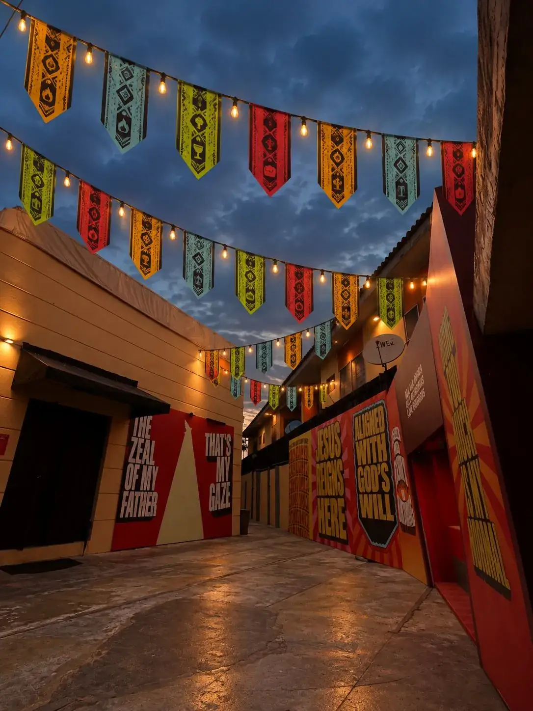 Festival bunting and string lights