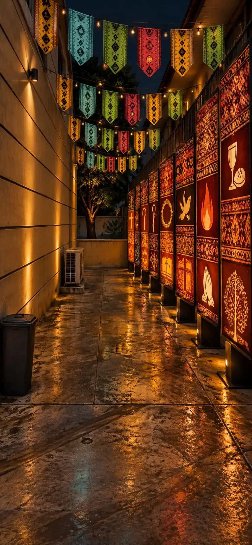 A lit approach lined with festival symbol panels