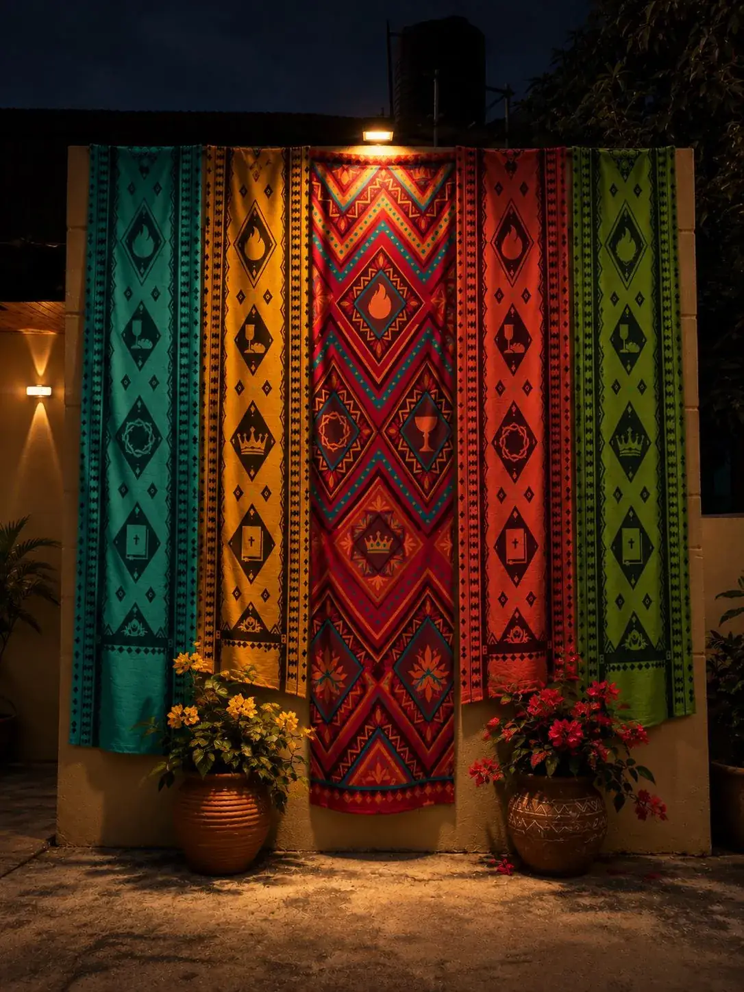 Festival runners hung on a lit wall