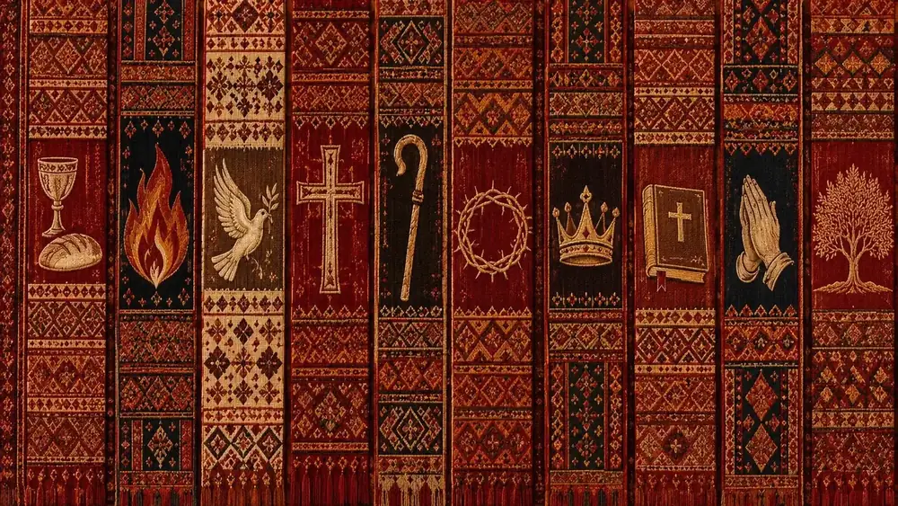 Tapestry runners showing the cup and bread, fire, dove, cross, staff, crown of thorns, crown, Bible, praying hands and tamarisk tree
